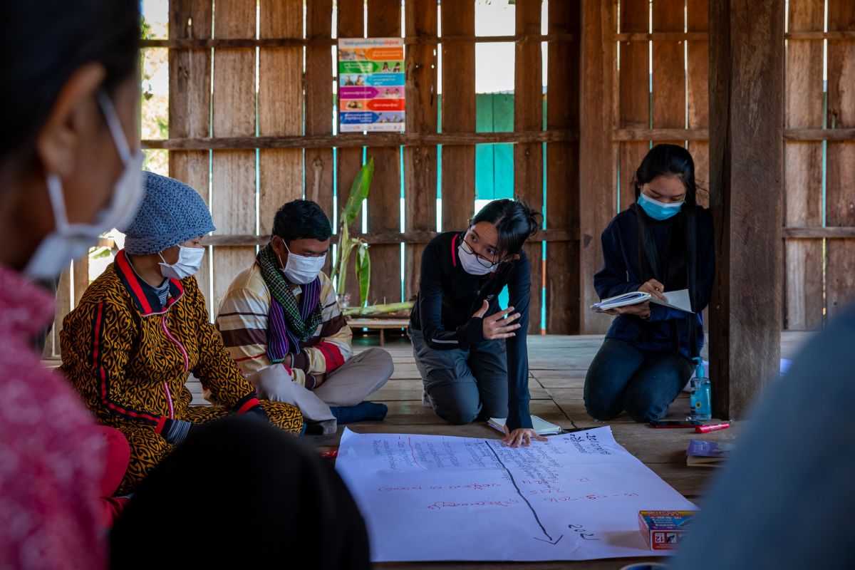 RECOFTC’s approaches bring together multiple stakeholders to develop and implement community forestry policies. Pictured above, RECOFTC staff verify the Samaky Trapang Totim Village history with community forest members for a survey on the impacts of COVID-19 in Preah Vihear Province.