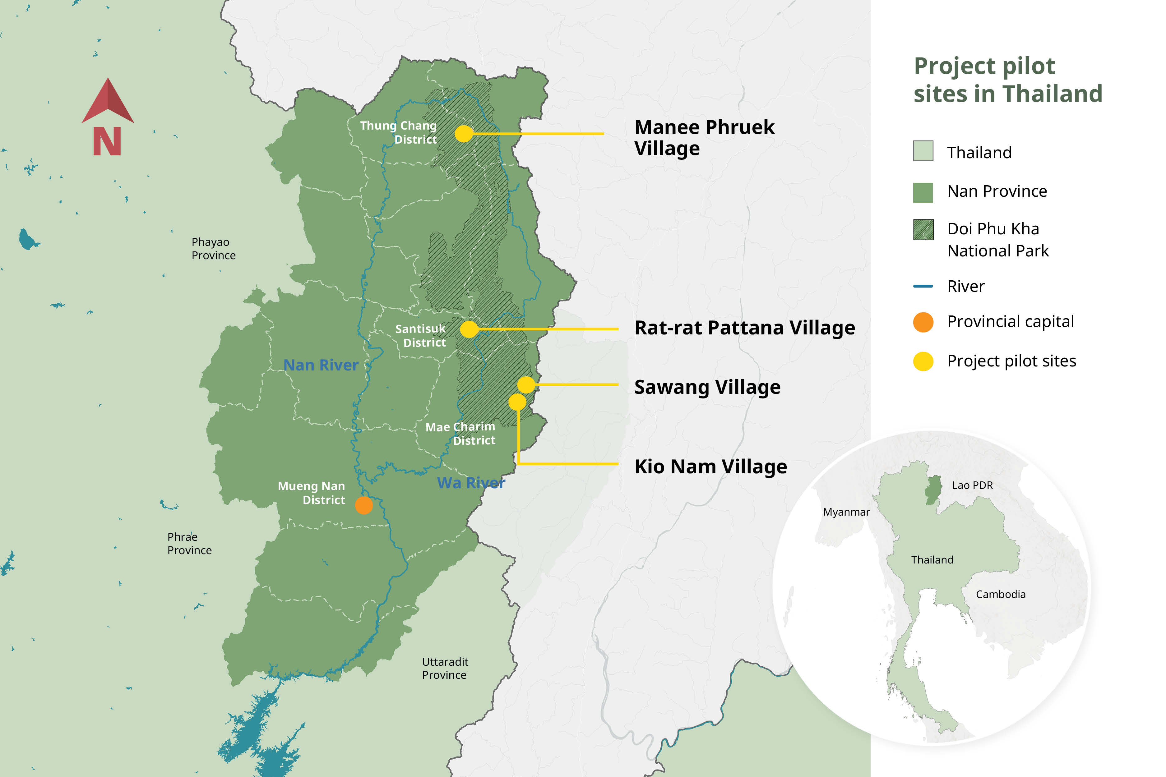 พื้นที่นำร่องของโครงการจัดการไฟโดยชุมชนเป็นฐาน ในจังหวัดน่าน ประเทศไทย แผนที่โดย RECOFTC