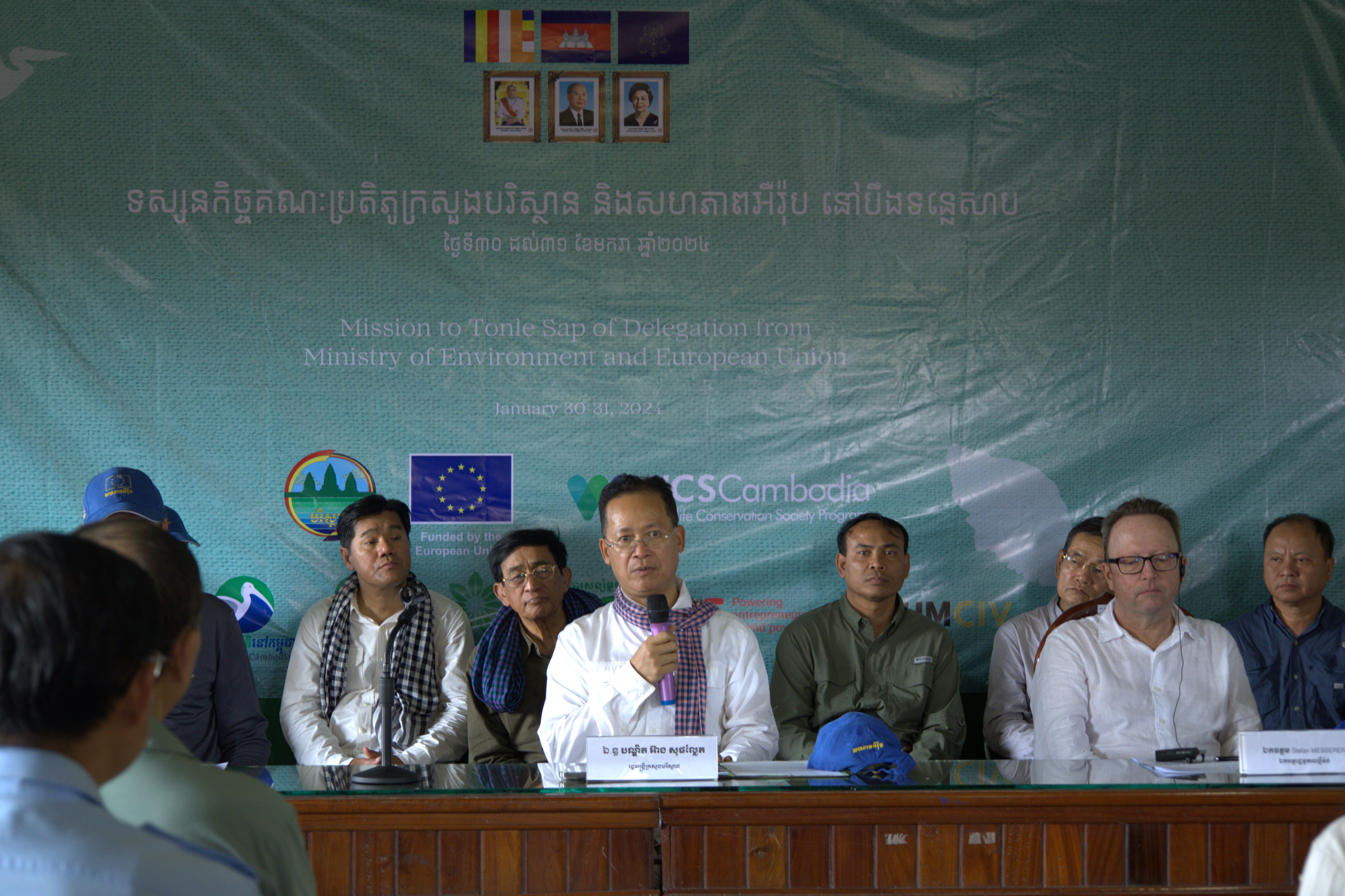 Cambodia’s Minister of Environment, Eang Sophalleth, speaking during a recent Ministry of Environment and European Union delegation mission to Tonle Sap. 