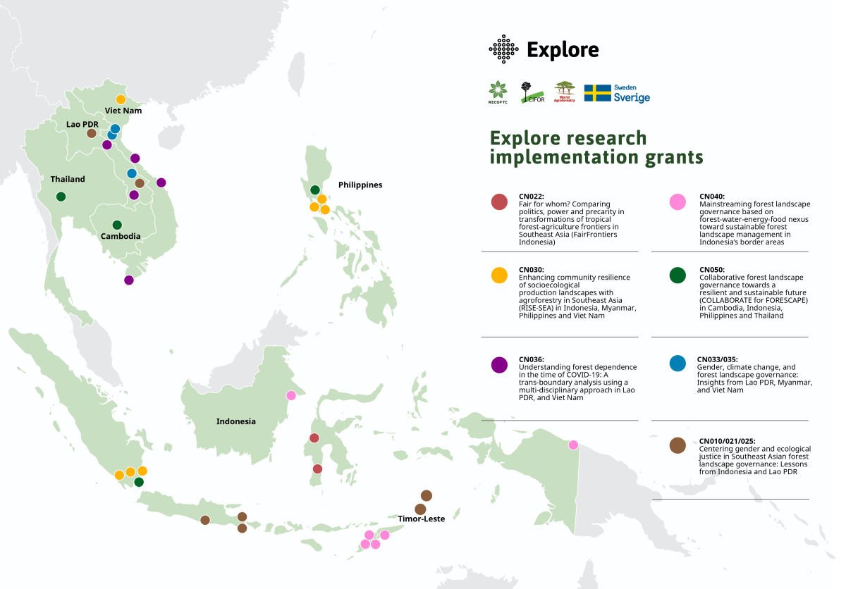 The map shows the research sites of seven interdisciplinary teams conducting research on forest landscape governance in Southeast Asia under the current Explore research implementation grants.