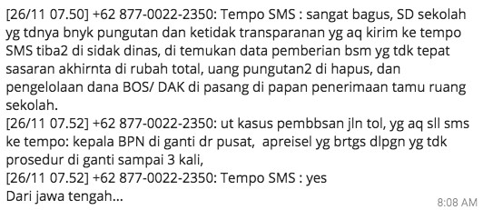 Gambar 1. SMS testimoni dari yang memanfaatkan TempoSMS. ©Harry Surjadi 