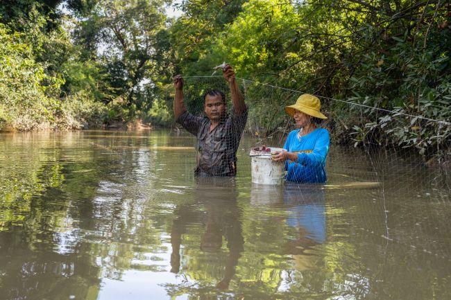 Community members from O Taneung use their nets to catch fish