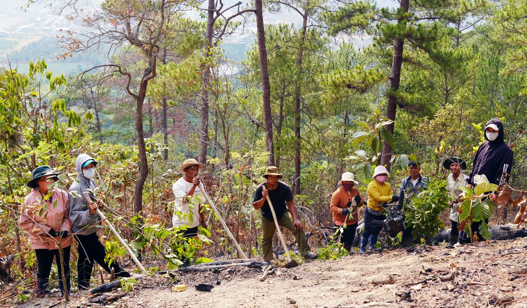 Women and men in Toa Cat village participate in a demonstration on post-fire management.