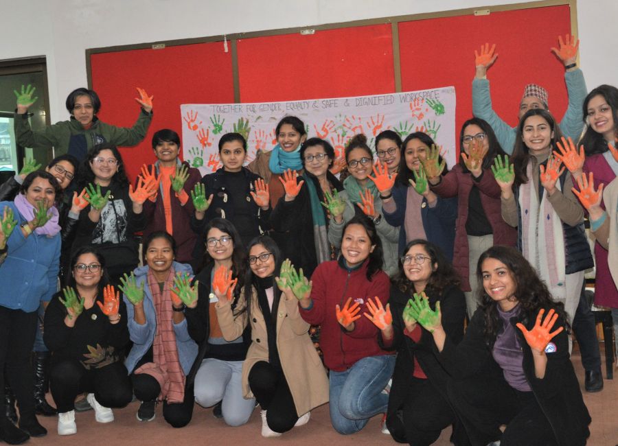 Gender leaders show their colourful hands to represent gender equality and to promote diversity, solidarity and acceptance during the graduation program in Lalitpur from 7 to 9 January, 2022